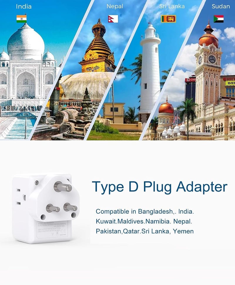 One Beat 2 Pack India Power Adapter, Type D Plug Adapter with 3 American Outlets 3 USB Ports(1USB C), 6 in 1 India Travel Plug Adapter for US to India, Bangladesh, Kuwait, Maldives - Image 2